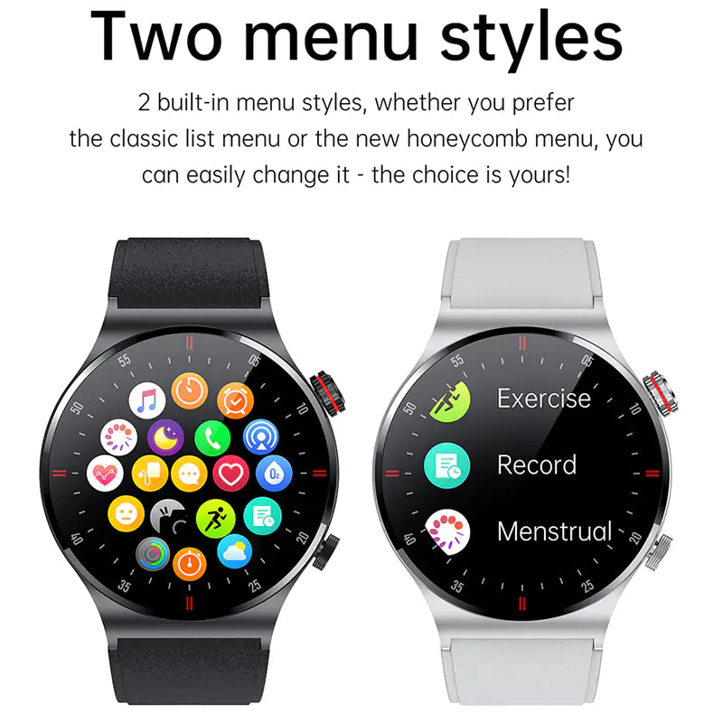 QW33 smart watch with pedometer showing two menu styles: classic list and honeycomb menu