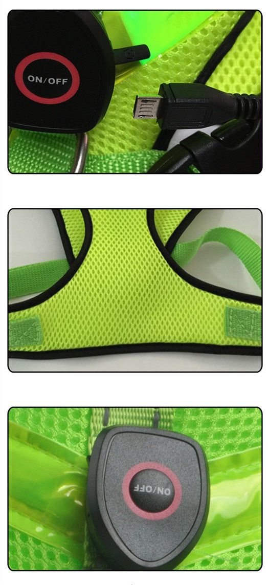 Close-up of a rechargeable LED dog harness showing the on/off switch and charging port detail