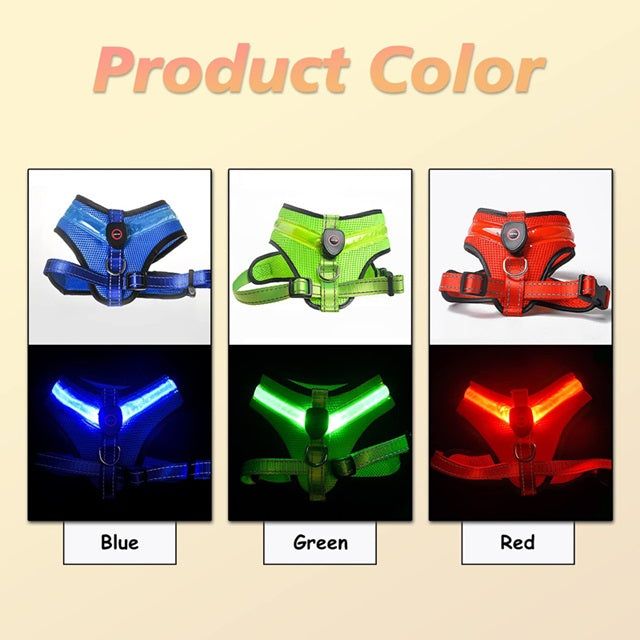 Gizmo Gadgets Rechargeable LED dog harness in blue, green, and red color options for pet visibility
