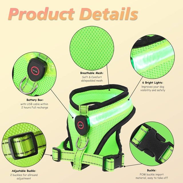 Gizmo Gadgets Rechargeable LED dog harness in bright green with adjustable features and breathable mesh