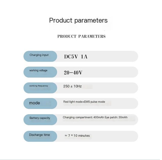Gizmo Gadgets RF eye care device specifications including charging input and working parameters