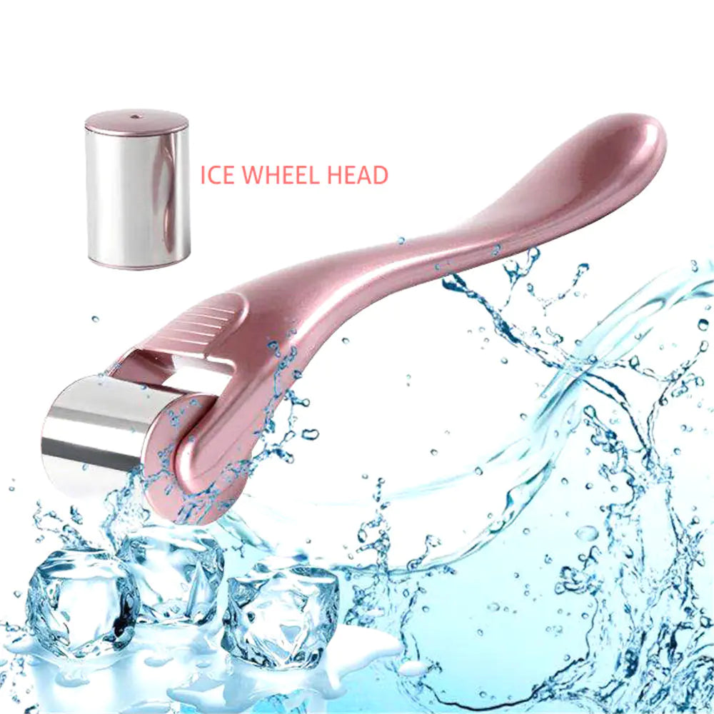 Gizmo Gadgets stainless steel ice roller with a pink handle and ice wheel head, perfect for skincare.