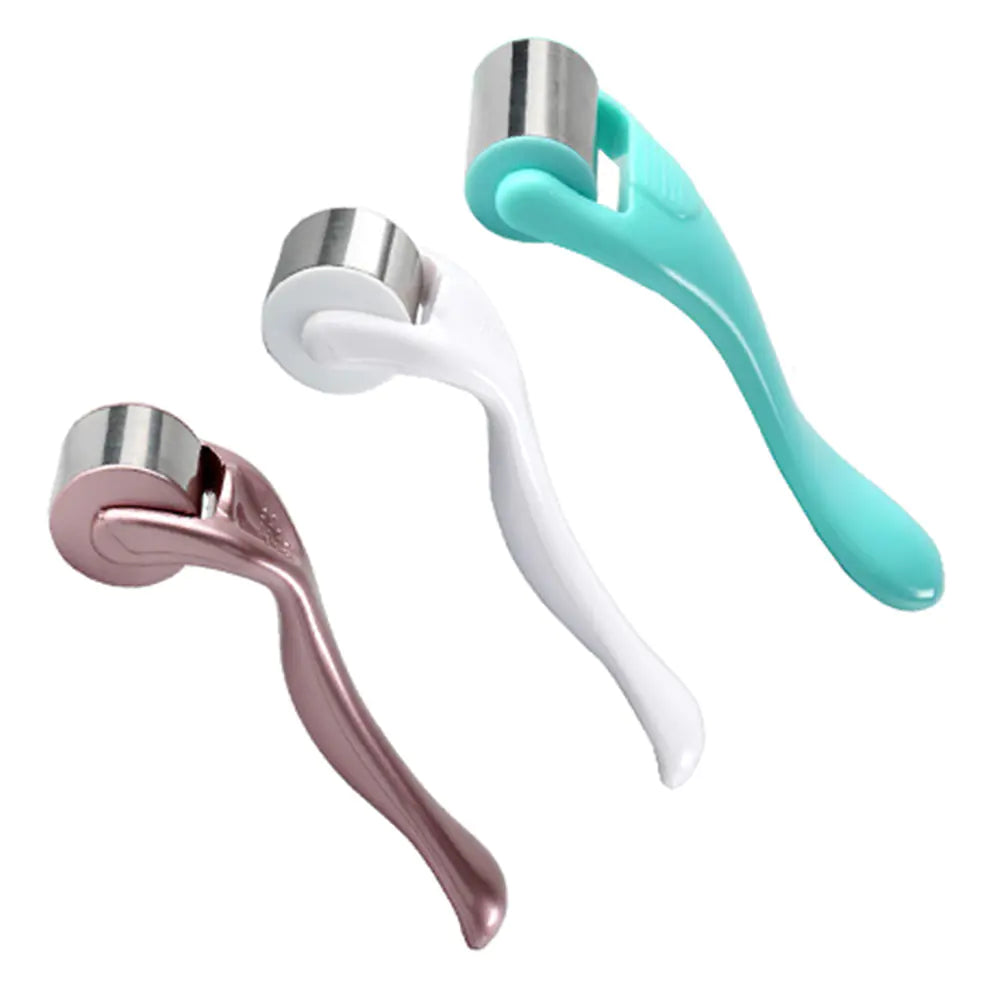Set of three stainless steel ice rollers in rose gold, white, and mint colors for soothing skin care