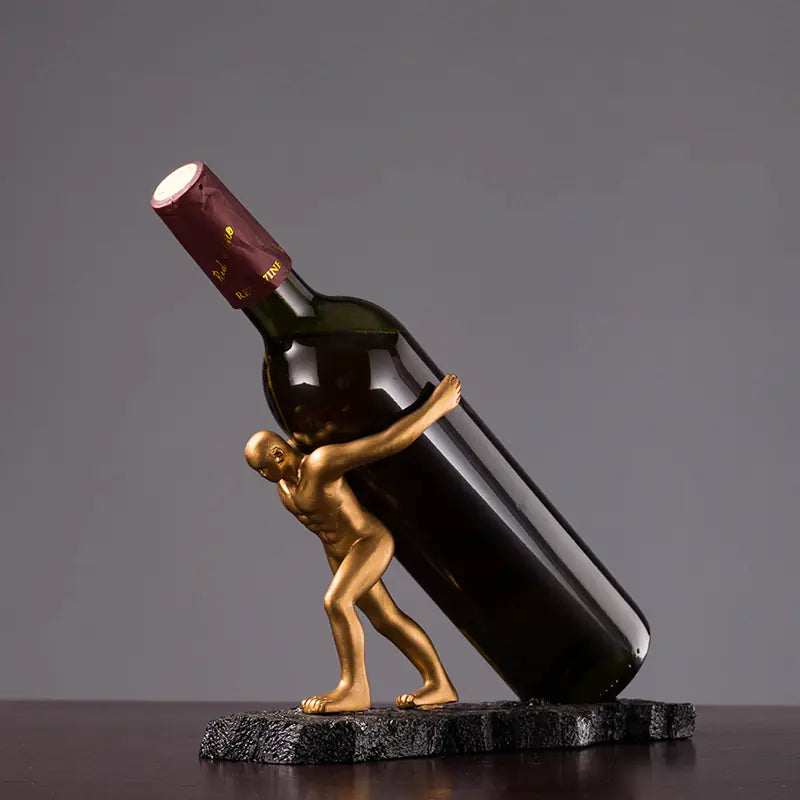 Unique decorative wine rack for cabinet featuring a sculpted figure supporting a wine bottle