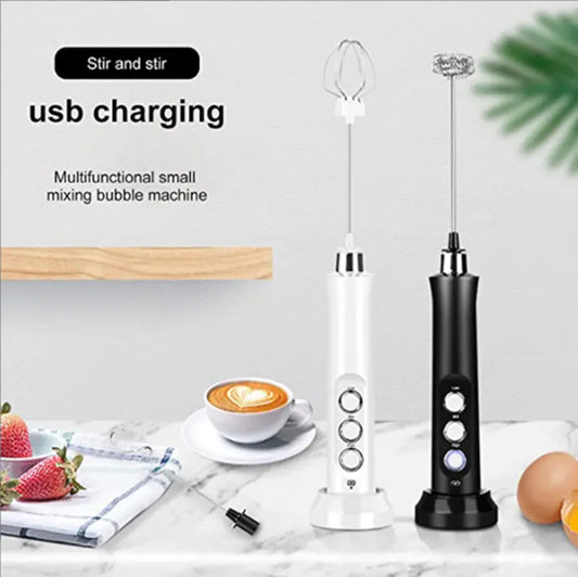 USB rechargeable milk frother in white and black for making coffee and mixing beverages effortlessly