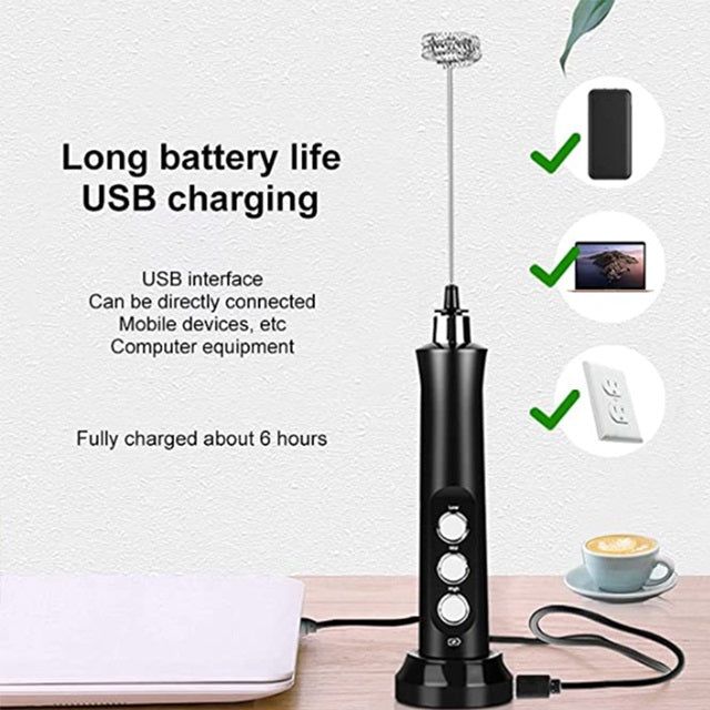 USB rechargeable milk frother with long battery life and USB charging for easy connections
