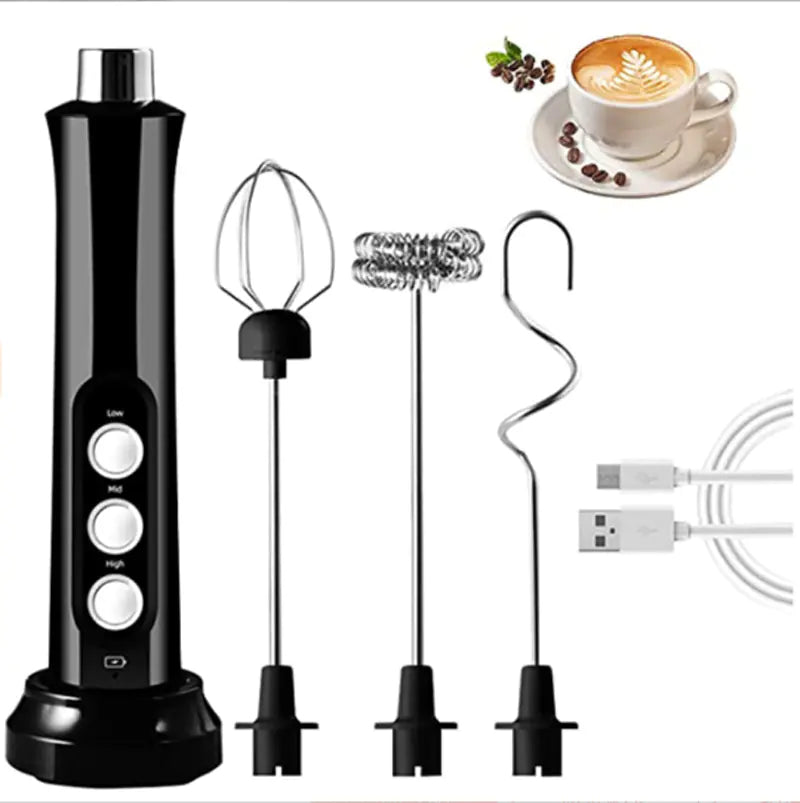 Black USB rechargeable milk frother with multiple whisk attachments for making frothy beverages