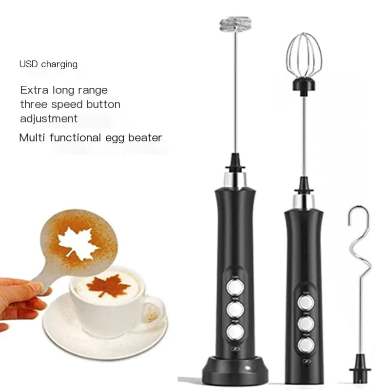 USB rechargeable milk frother with three-speed adjustment for versatile mixing and frothing