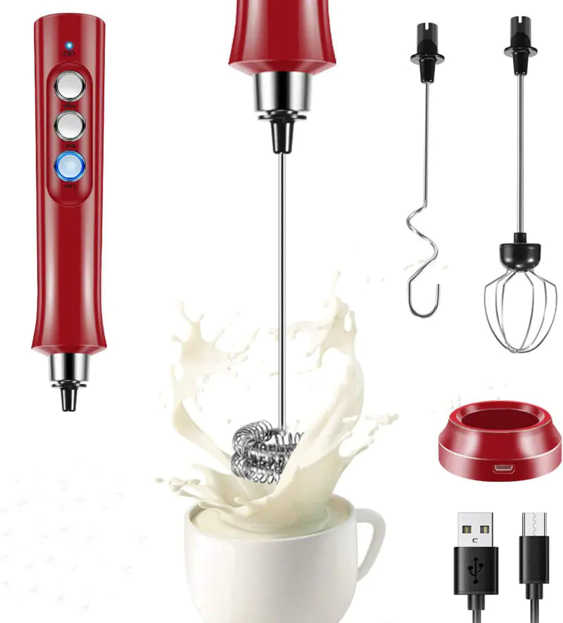 USB rechargeable milk frother in red with whisks and splash of milk in a cup
