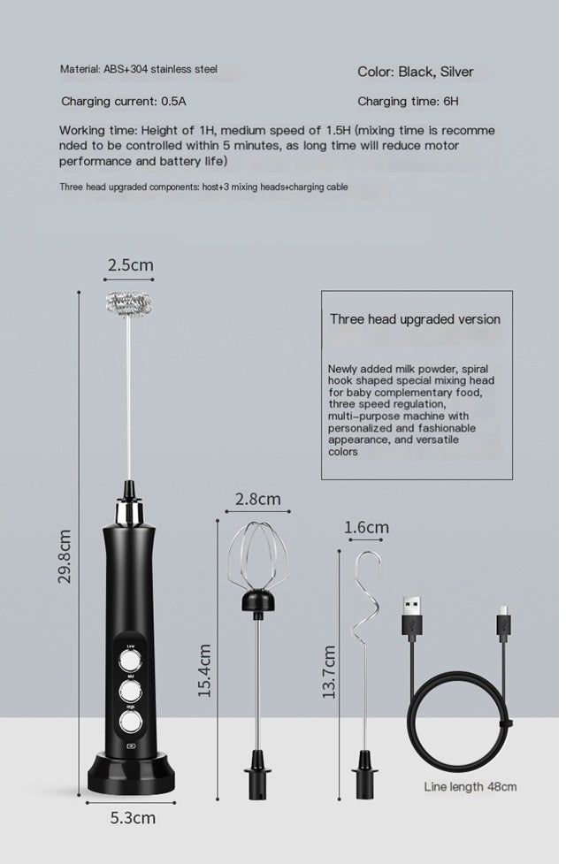 USB rechargeable milk frother in black with stainless steel whisk and adjustable speed for frothy beverages