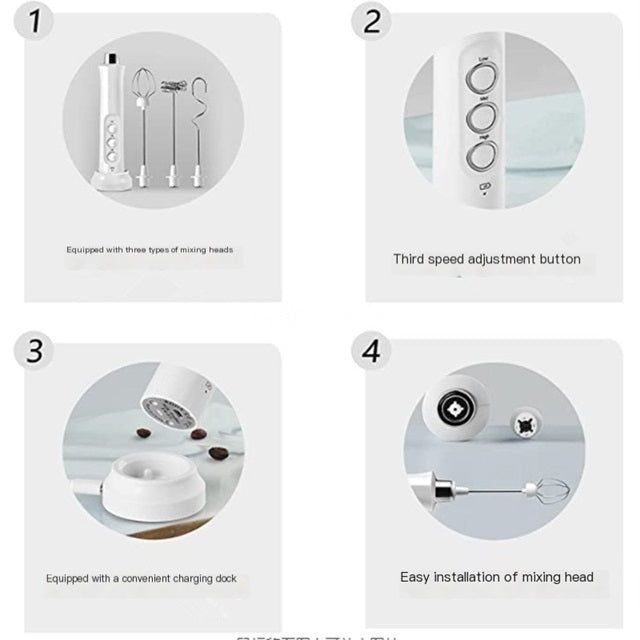 Gizmo Gadgets USB rechargeable milk frother with three mixing heads and charging dock for easy use