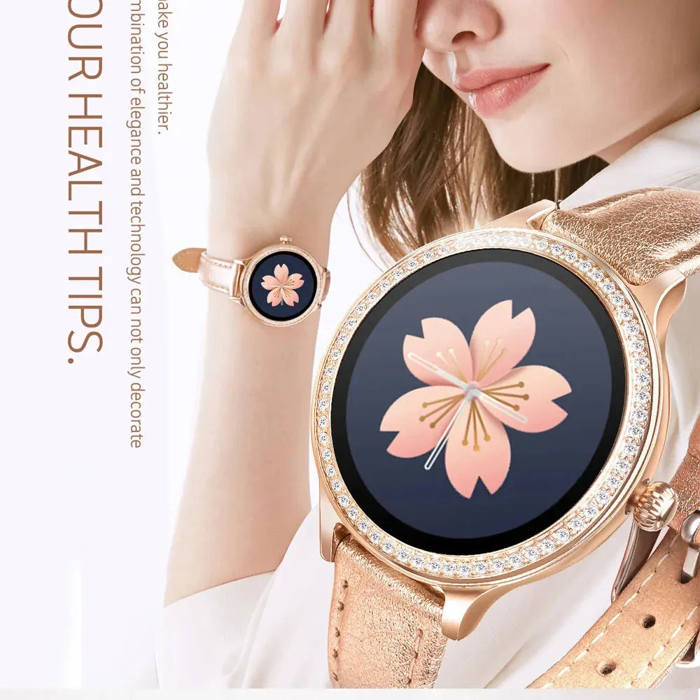 Stylish women's smart watch bracelet featuring a floral design and a sleek leather strap.
