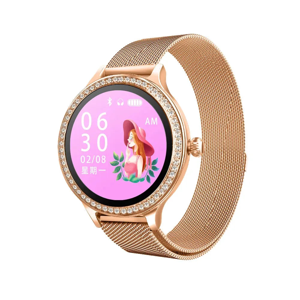 Stylish women's smart watch bracelet featuring a pink display and elegant rose gold mesh band