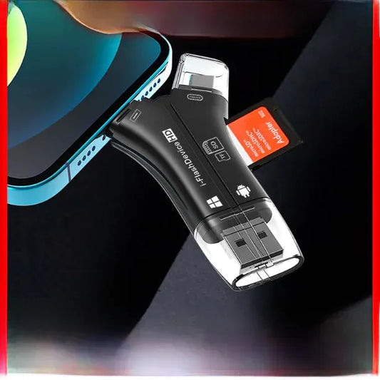 4-in-1 OTG card reader Apple connected to smartphone with microSD card inserted