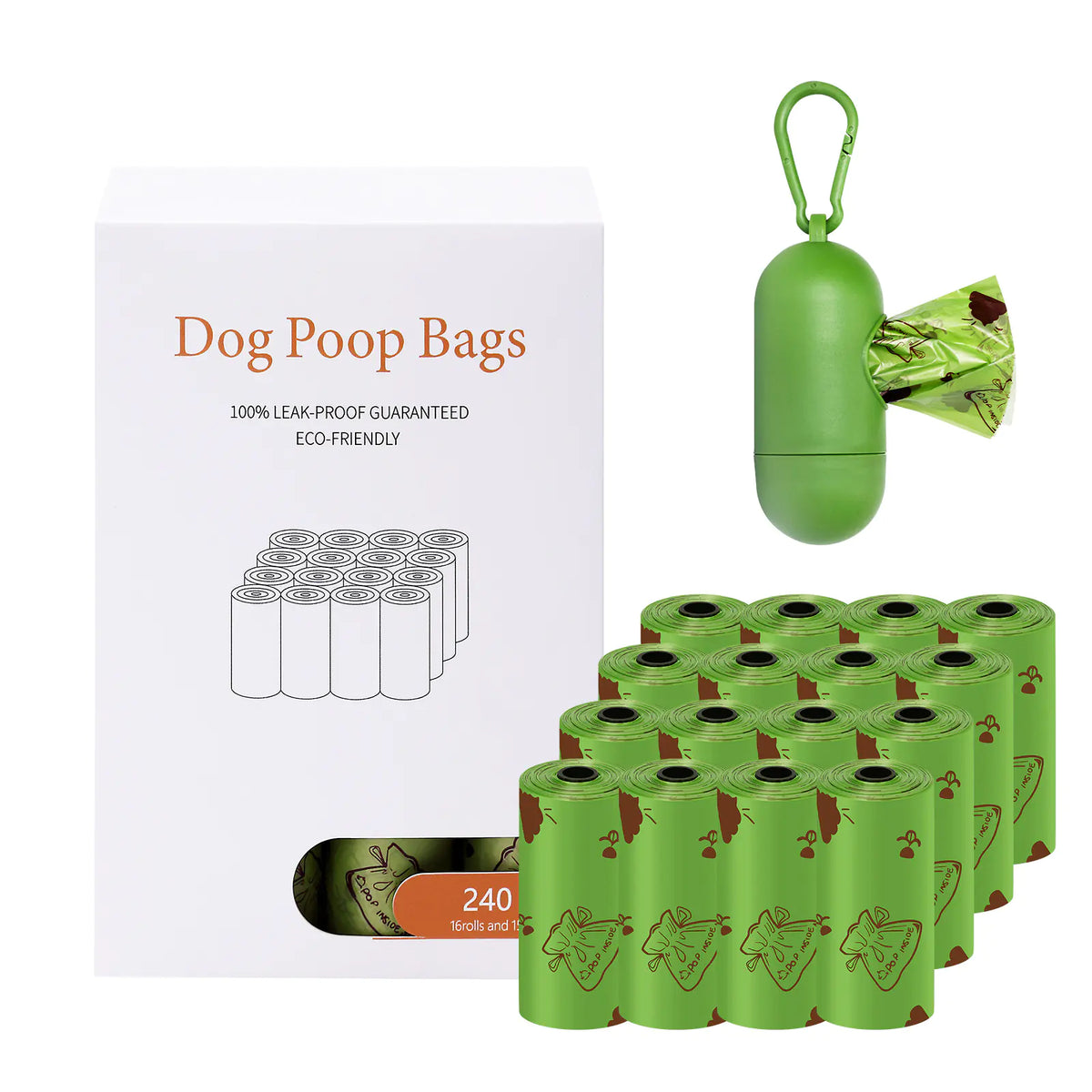 Gizmo Gadgets biodegradable pet poop bags in a green dispenser with 240 leak-proof bags for eco-friendly use