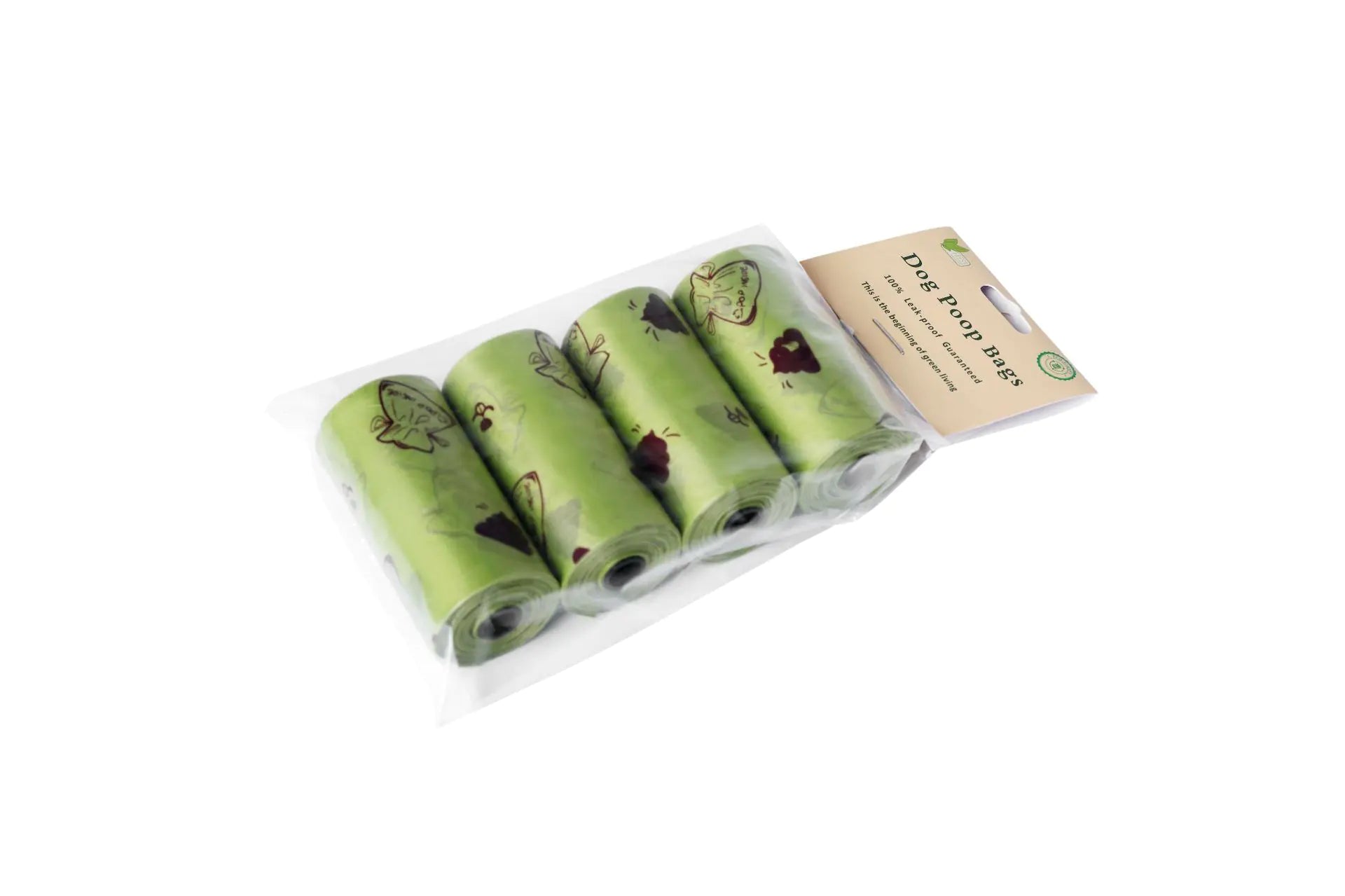 Pack of biodegradable pet poop bags in green colors featuring eco-friendly designs