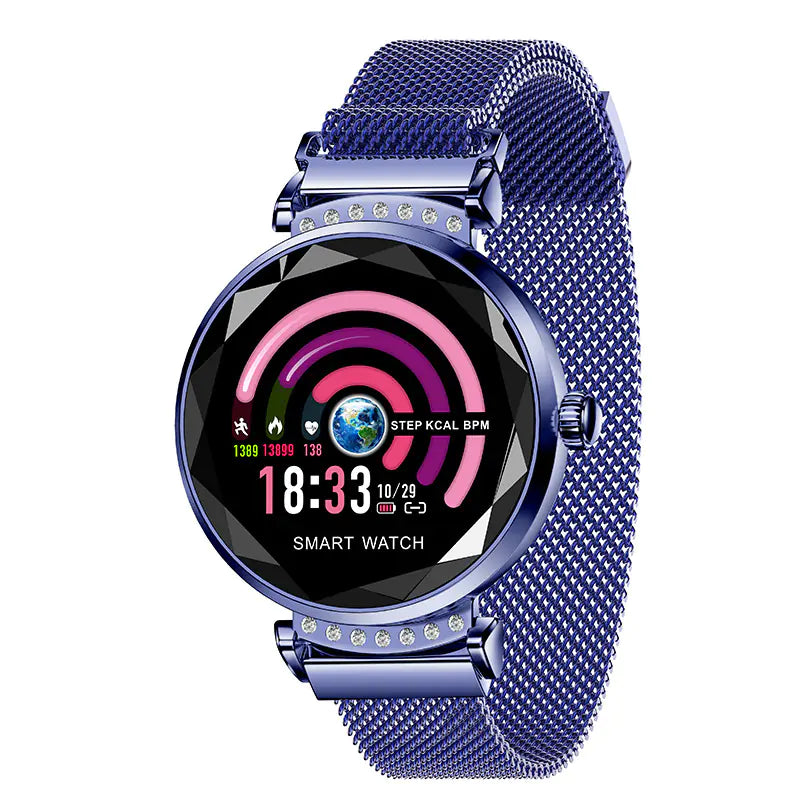 Stylish color screen smartwatch with a blue mesh strap and vibrant display showing time and health metrics