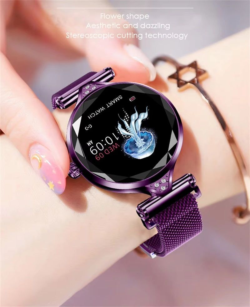 Purple color screen smartwatch with flower shape design and a vibrant display for a stylish look