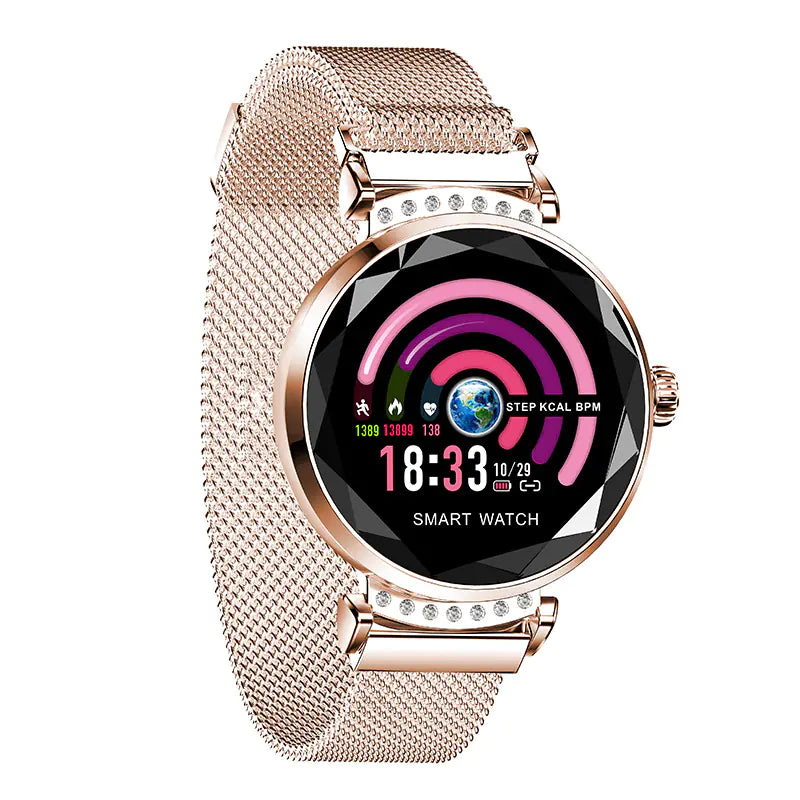 Stylish color screen smartwatch with a rose gold mesh band and health tracking features