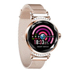 Stylish color screen smartwatch with a rose gold mesh band and health tracking features