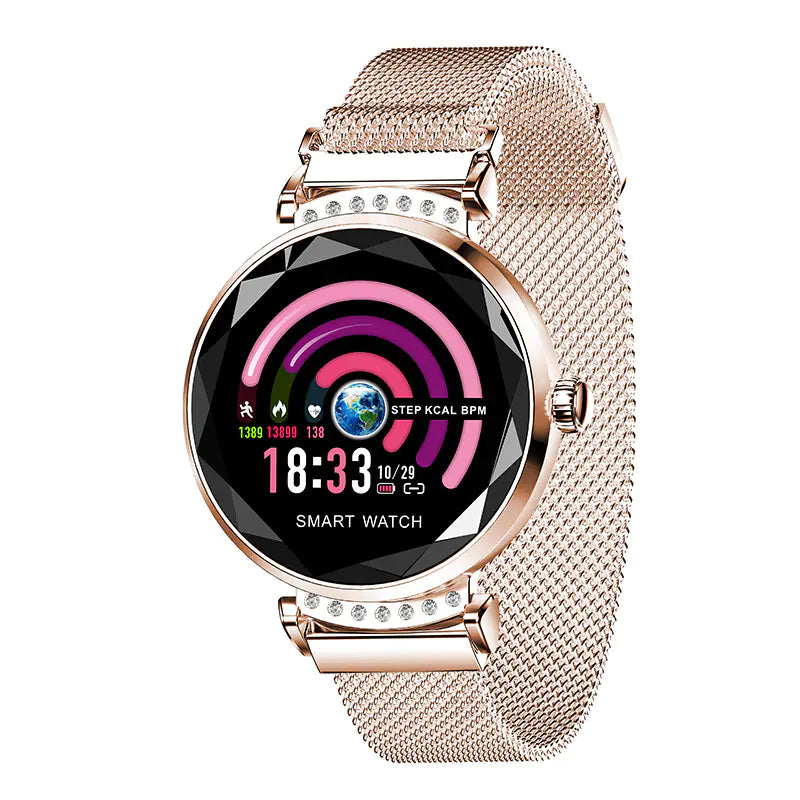 Stylish color screen smartwatch with a rose gold mesh band and vibrant display for fitness tracking