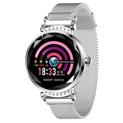 Stylish color screen smartwatch with fitness tracking features and a sleek silver mesh band
