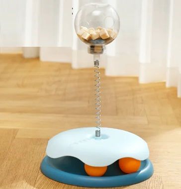 Gizmo Gadgets leaky ball cat toy with a spring design and treat dispenser for playful cats
