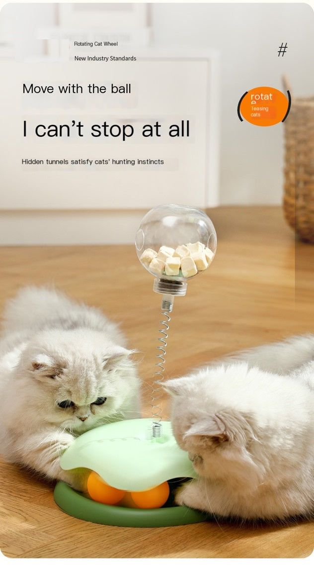 Interactive leaky ball cat toy that engages cats with hidden treats and tunnels for playful fun