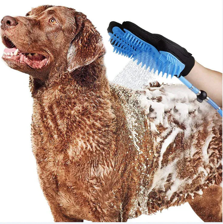Gizmo Gadgets pet bathing gloves in use, washing a brown dog with soapy water and a gentle scrub