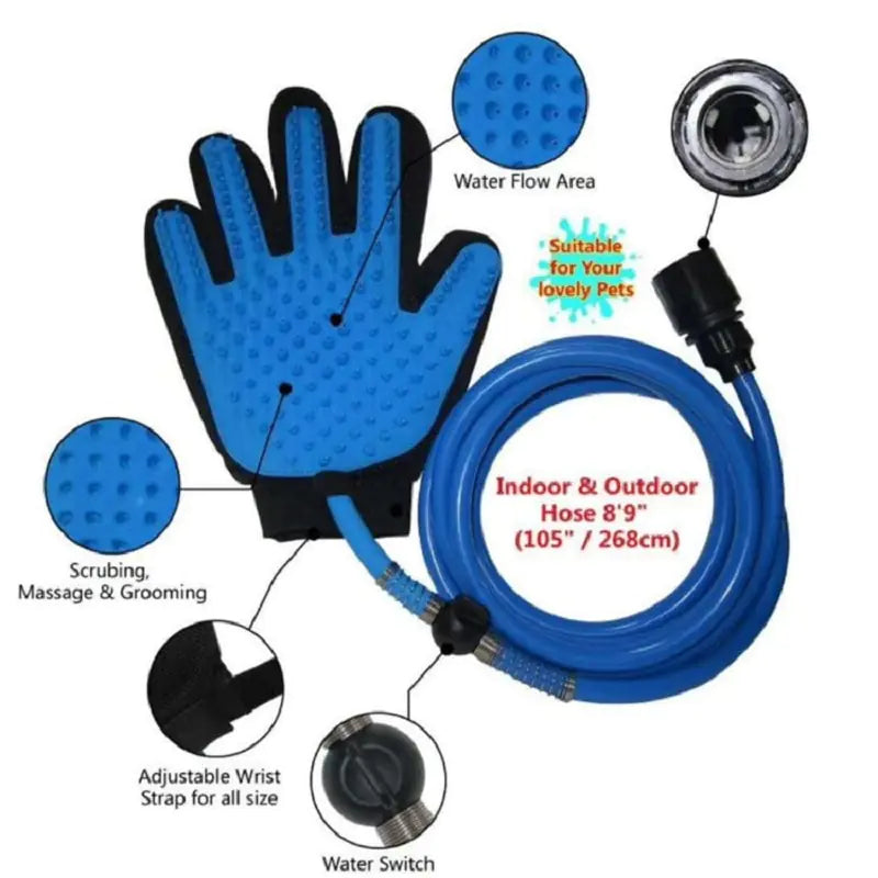 Blue pet bathing gloves with water hose attachment for scrubbing and grooming pets indoors and outdoors