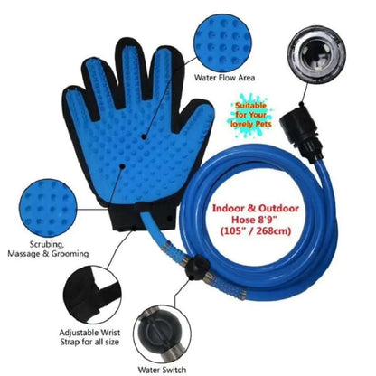 Blue pet bathing gloves with water hose attachment for scrubbing and grooming pets indoors and outdoors