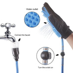 Gizmo Gadgets pet bathing gloves attached to a faucet, featuring soft rubber bristles and water outlet for easy pet washing