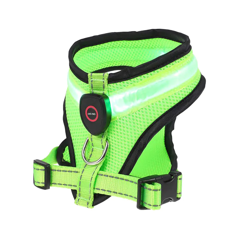 Rechargeable LED dog harness in vibrant green with reflective straps for nighttime safety