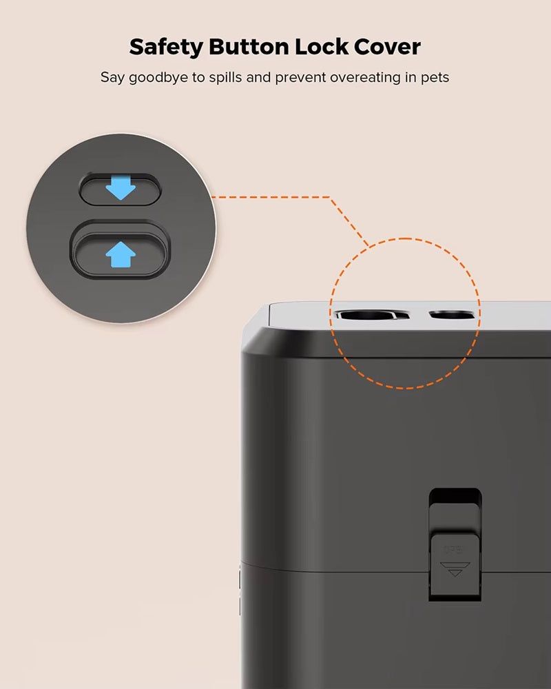 Safety button lock cover for the smart pet food dispenser to prevent spills and overfeeding