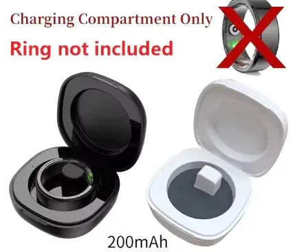 Charging compartment for smart ring health tracker in black and white, designed for convenient storage