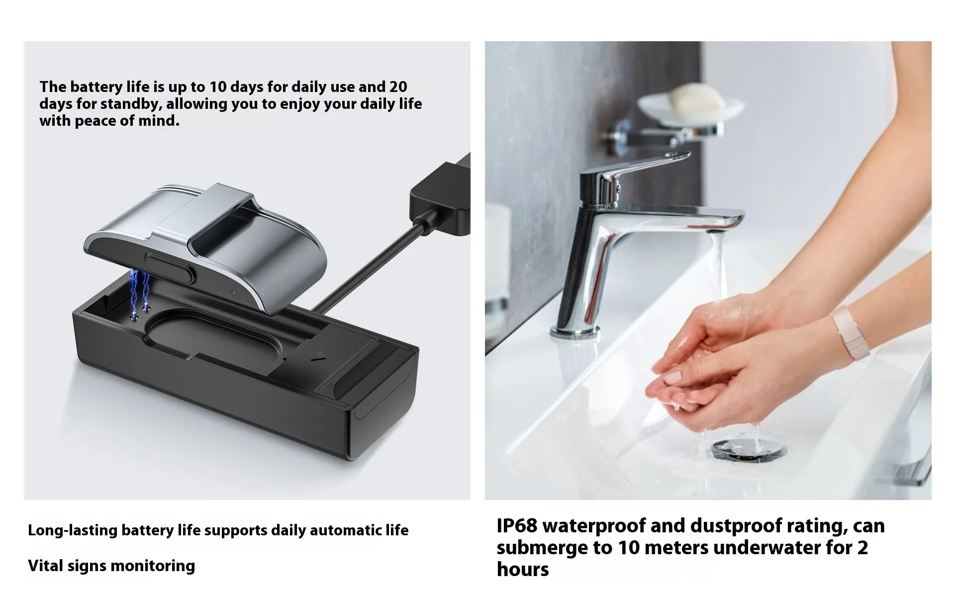 Gizmo Gadgets smart sports bracelets for fitness with charging dock, showcasing waterproof features and vital signs monitoring