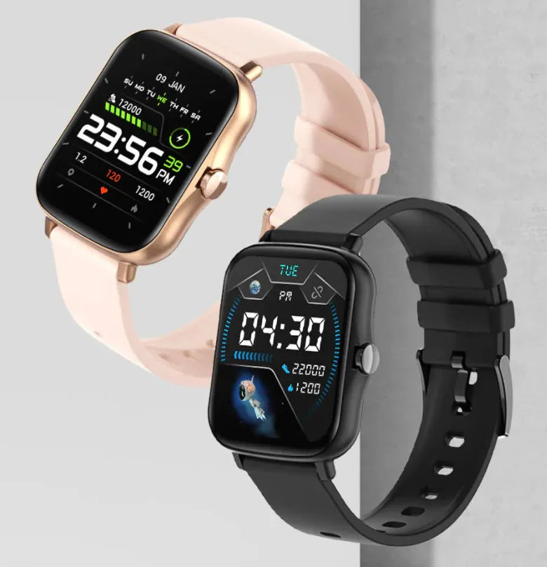 Gizmo Gadgets smart watch with encoder in black and rose gold displaying time and fitness data