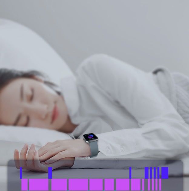 Gizmo Gadgets smart watch with encoder worn by a woman sleeping peacefully in a cozy bedroom