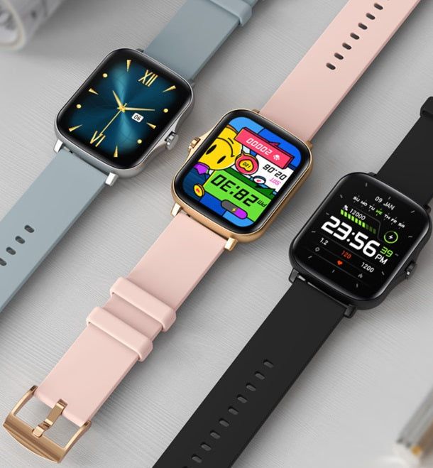 Three smart watches with encoder in stylish designs and colored straps for tech enthusiasts