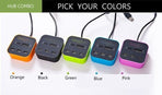 Gizmo Gadgets USB hub with card reader available in orange, black, green, blue, and pink colors