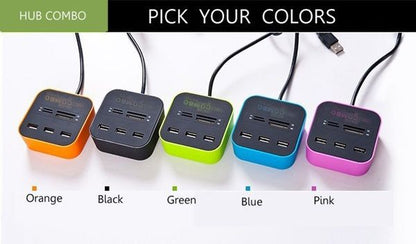 Gizmo Gadgets USB hub with card reader available in orange, black, green, blue, and pink colors