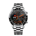waterproof Smart Watch with touch screen and fitness tracking features on a sleek metal band