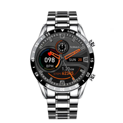 waterproof Smart Watch with touch screen and fitness tracking features on a sleek metal band